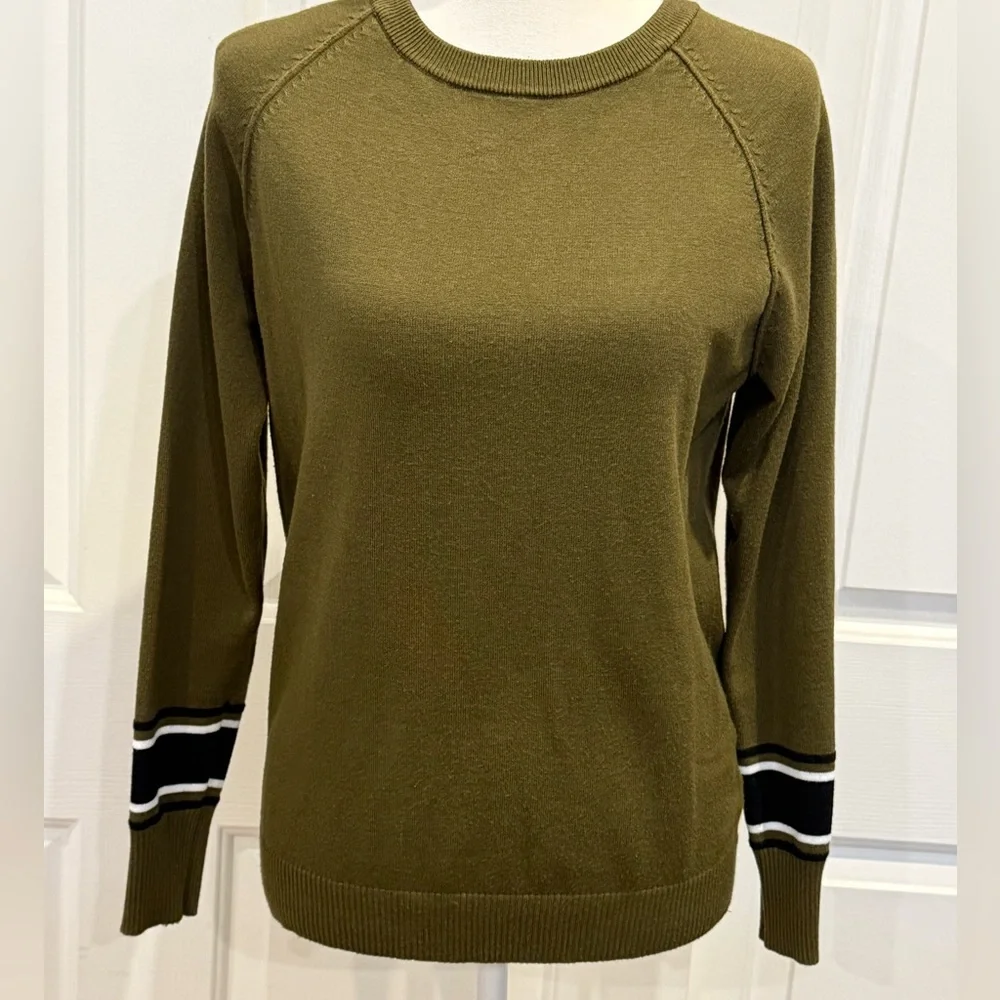 Sweater Olive Green Lightweight Knit Striped Cuff Crewneck Casual Cozy Pullover - Picture 2 of 8